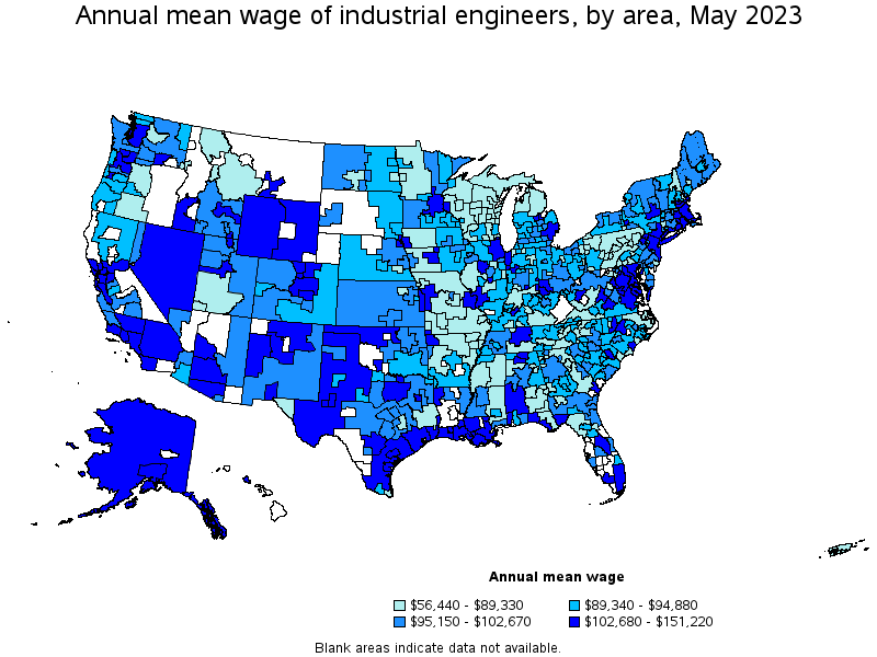 Map of annual mean wages of industrial engineers by area, May 2023