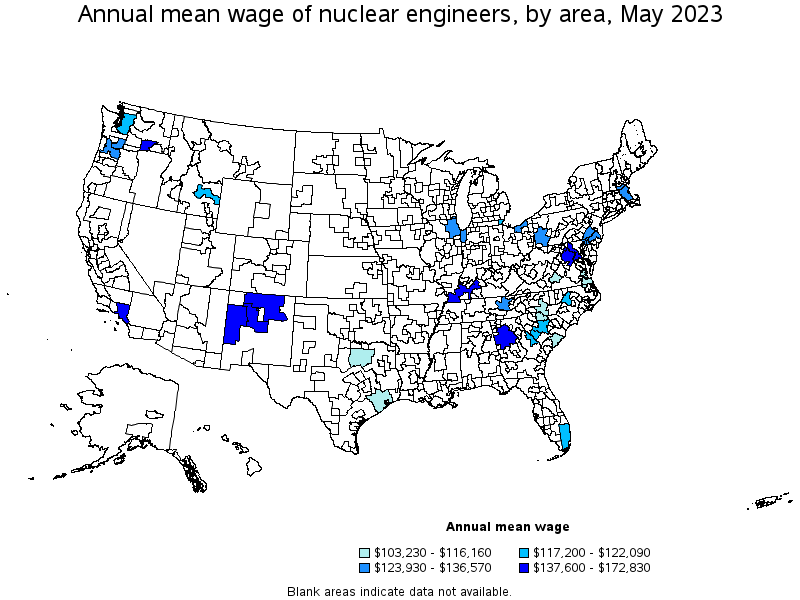 Map of annual mean wages of nuclear engineers by area, May 2022