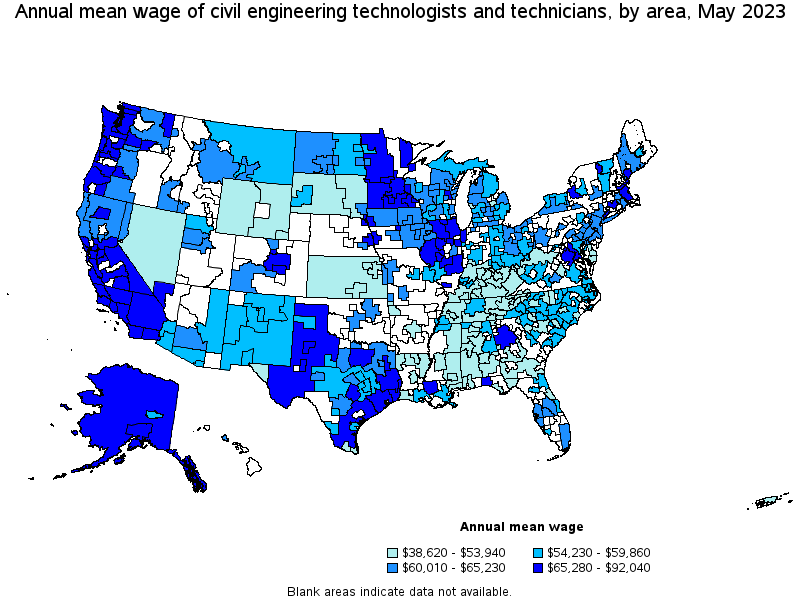 Map of annual mean wages of civil engineering technologists and technicians by area, May 2023