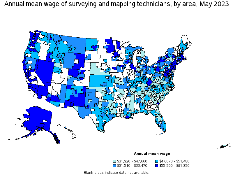 Map of annual mean wages of surveying and mapping technicians by area, May 2023
