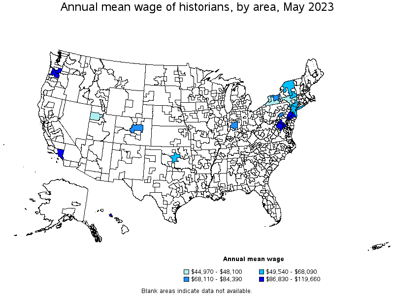 Map of annual mean wages of historians by area, May 2023