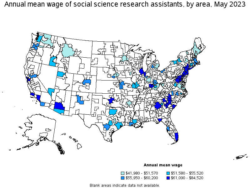 Map of annual mean wages of social science research assistants by area, May 2023