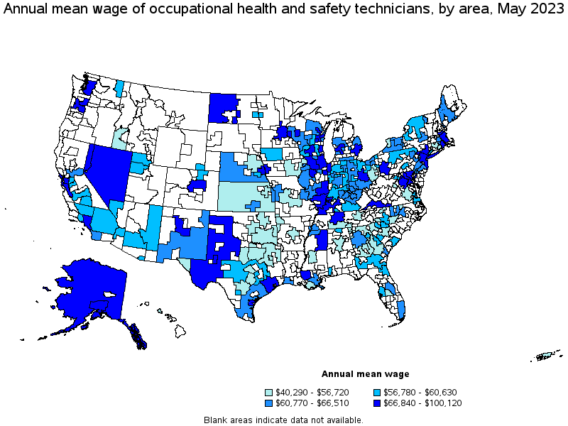 Map of annual mean wages of occupational health and safety technicians by area, May 2022