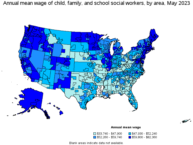 Map of annual mean wages of child, family, and school social workers by area, May 2023