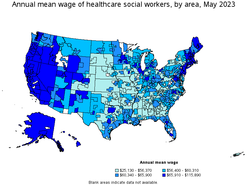 Map of annual mean wages of healthcare social workers by area, May 2023