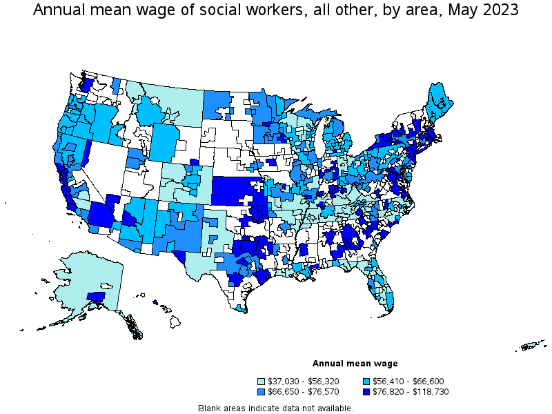 Map of annual mean wages of social workers, all other by area, May 2021