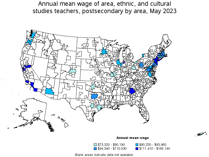 Map of annual mean wages of area, ethnic, and cultural studies teachers, postsecondary by area, May 2021