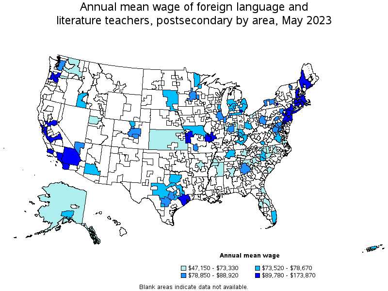 Map of annual mean wages of foreign language and literature teachers, postsecondary by area, May 2023