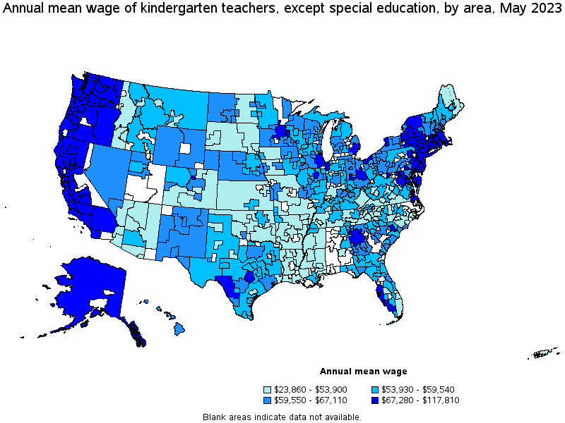 Map of annual mean wages of kindergarten teachers, except special education by area, May 2023
