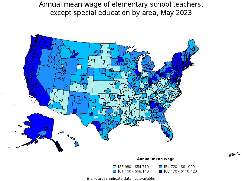 Map of annual mean wages of elementary school teachers, except special education by area, May 2023