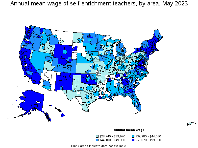 Map of annual mean wages of self-enrichment teachers by area, May 2023