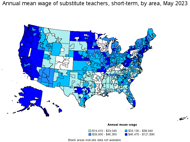 Map of annual mean wages of substitute teachers, short-term by area, May 2023