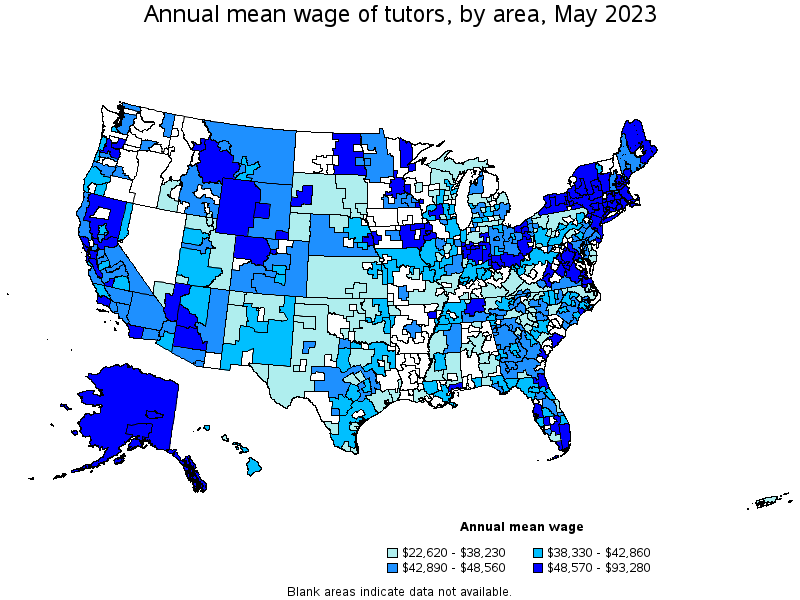 Map of annual mean wages of tutors by area, May 2023