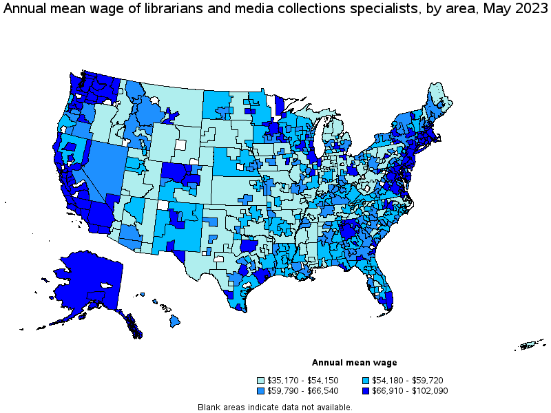 Map of annual mean wages of librarians and media collections specialists by area, May 2023