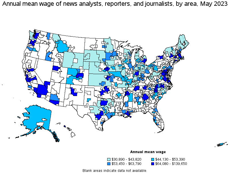 Map of annual mean wages of news analysts, reporters, and journalists by area, May 2023
