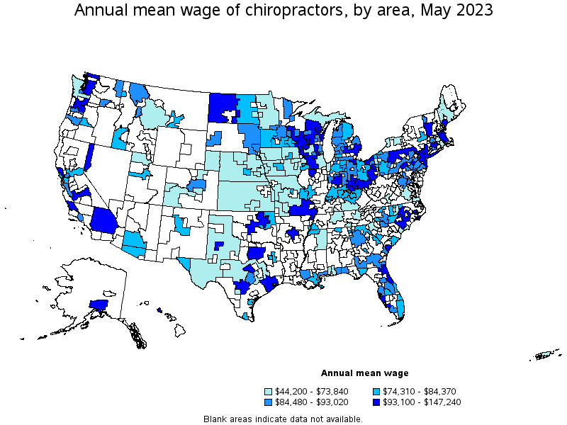 Map of annual mean wages of chiropractors by area, May 2021