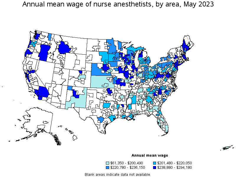 Map of annual mean wages of nurse anesthetists by area, May 2022