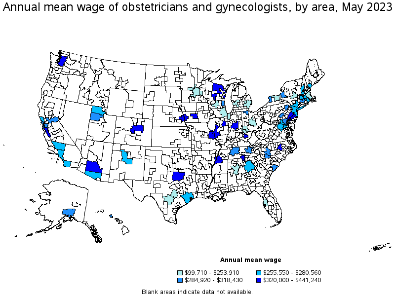 Map of annual mean wages of obstetricians and gynecologists by area, May 2023