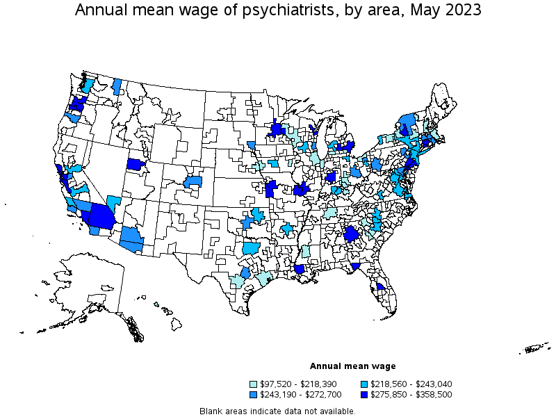 Map of annual mean wages of psychiatrists by area, May 2023