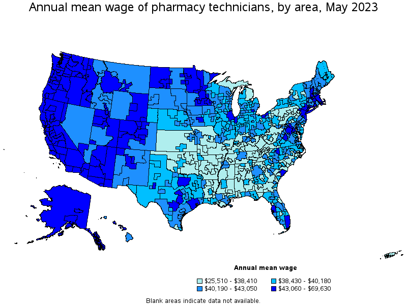 Map of annual mean wages of pharmacy technicians by area, May 2023