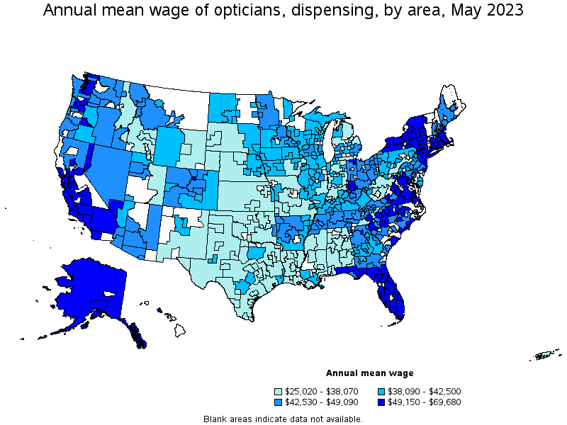 Map of annual mean wages of opticians, dispensing by area, May 2023