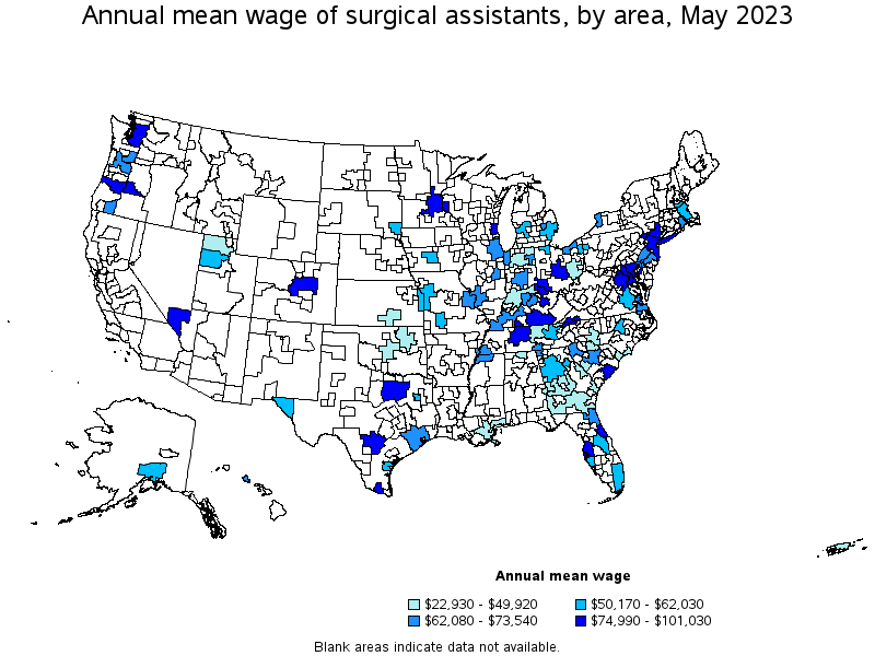 Map of annual mean wages of surgical assistants by area, May 2021