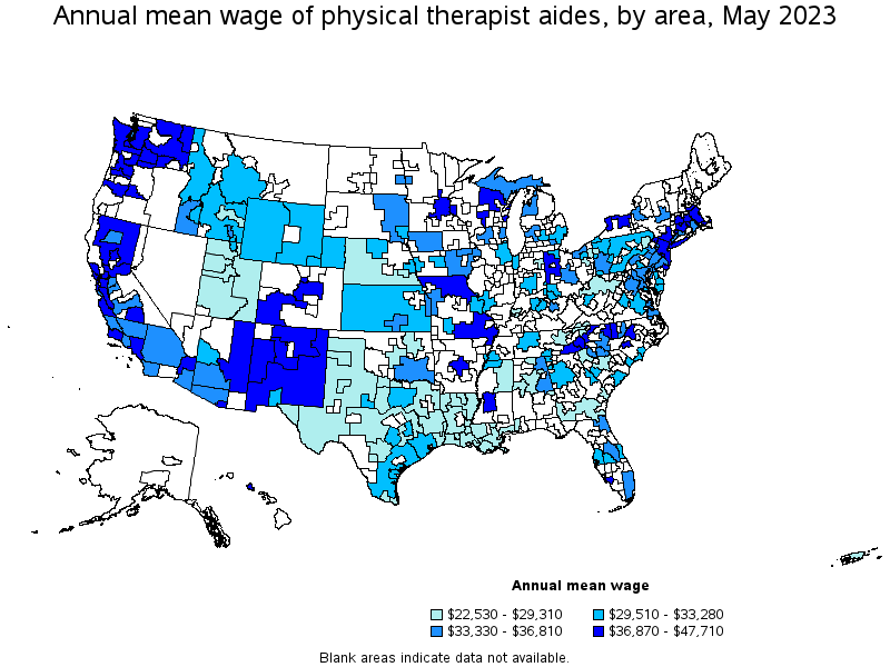 Map of annual mean wages of physical therapist aides by area, May 2021