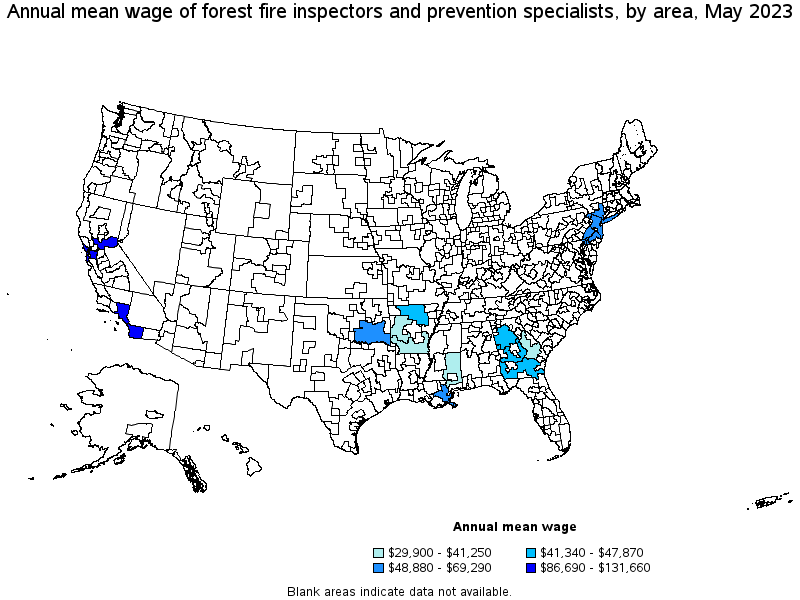 Map of annual mean wages of forest fire inspectors and prevention specialists by area, May 2023
