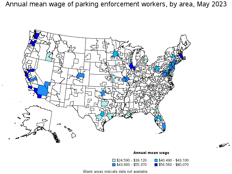 Map of annual mean wages of parking enforcement workers by area, May 2023