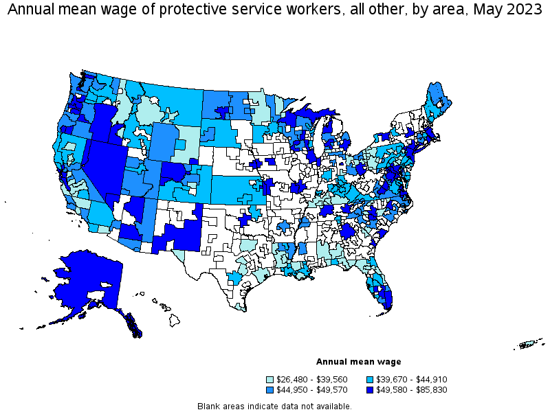 Map of annual mean wages of protective service workers, all other by area, May 2023
