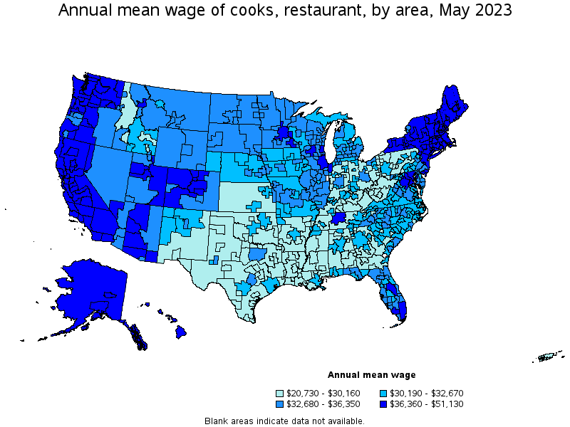 Map of annual mean wages of cooks, restaurant by area, May 2023