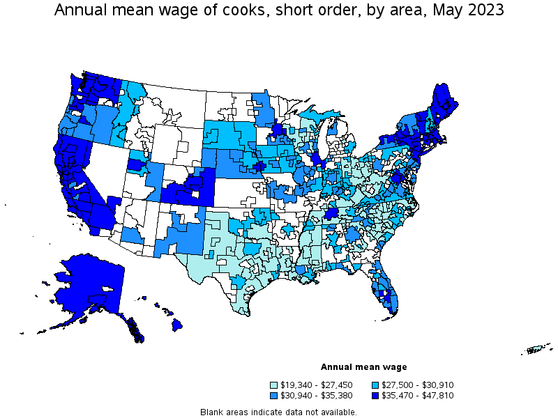 Map of annual mean wages of cooks, short order by area, May 2023