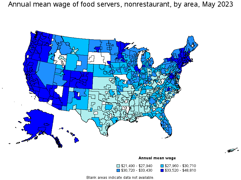 Map of annual mean wages of food servers, nonrestaurant by area, May 2023