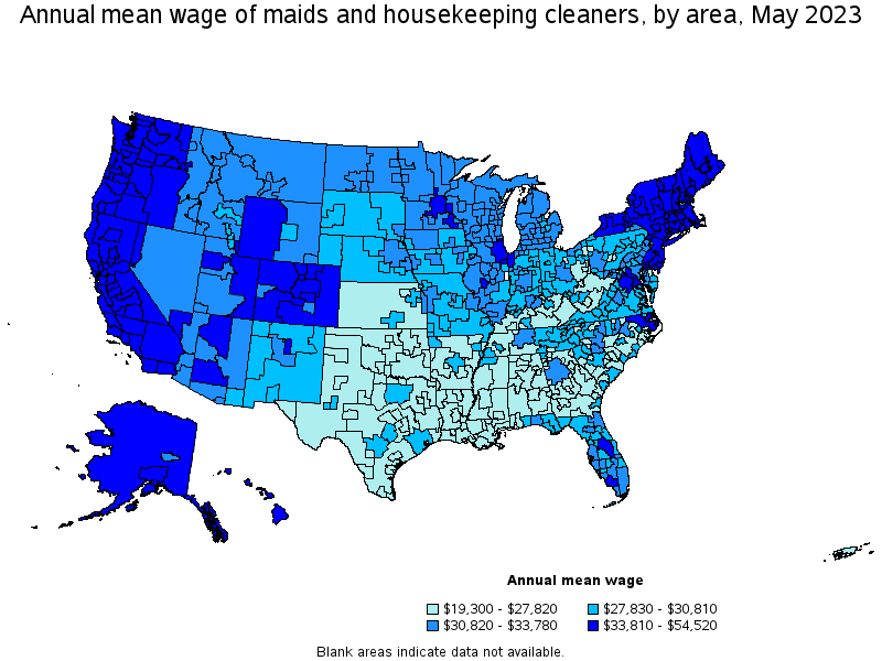 Map of annual mean wages of maids and housekeeping cleaners by area, May 2023