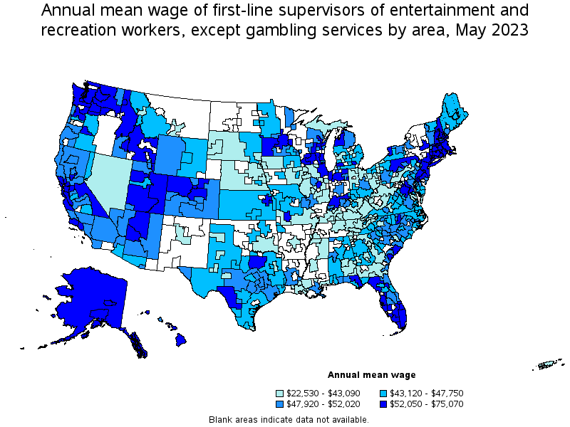 Map of annual mean wages of first-line supervisors of entertainment and recreation workers, except gambling services by area, May 2023