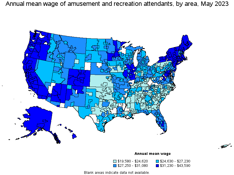 Map of annual mean wages of amusement and recreation attendants by area, May 2023