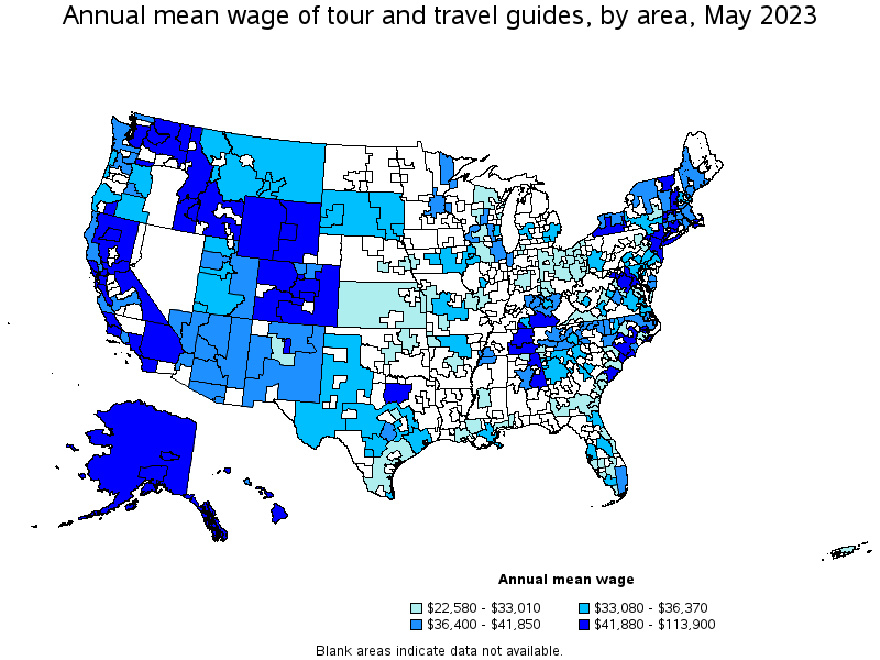 Map of annual mean wages of tour and travel guides by area, May 2021