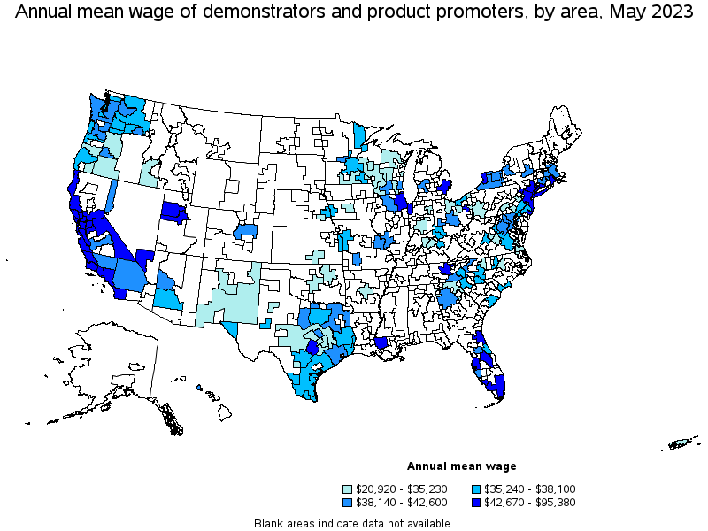 Map of annual mean wages of demonstrators and product promoters by area, May 2023