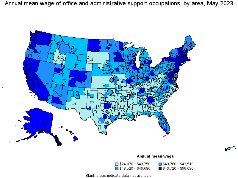 Map of annual mean wages of office and administrative support occupations by area, May 2023
