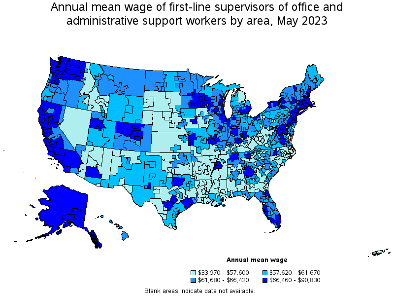 Map of annual mean wages of first-line supervisors of office and administrative support workers by area, May 2023