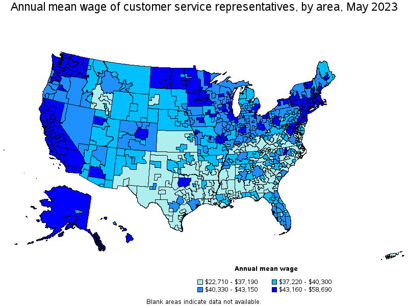 Map of annual mean wages of customer service representatives by area, May 2022