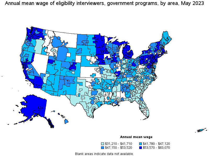 Map of annual mean wages of eligibility interviewers, government programs by area, May 2023