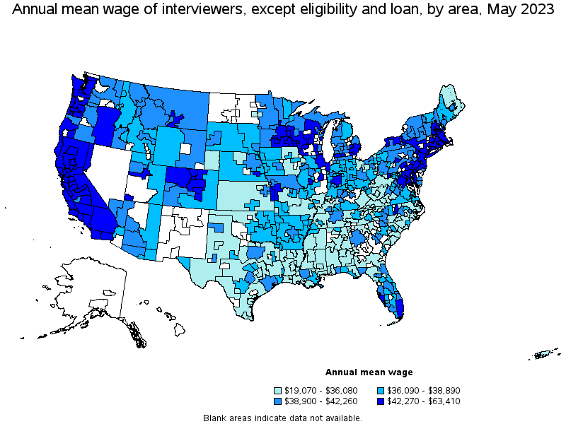 Map of annual mean wages of interviewers, except eligibility and loan by area, May 2023