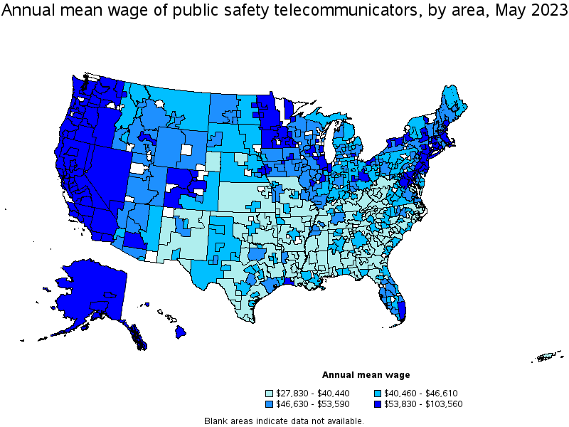 Map of annual mean wages of public safety telecommunicators by area, May 2023