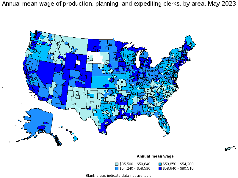 Map of annual mean wages of production, planning, and expediting clerks by area, May 2023