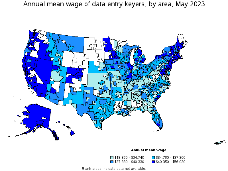 Map of annual mean wages of data entry keyers by area, May 2023