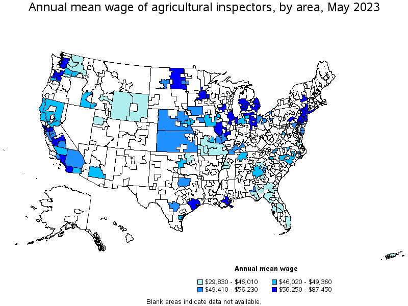 Map of annual mean wages of agricultural inspectors by area, May 2022