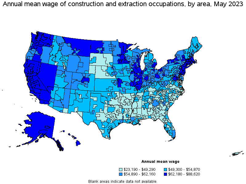 Map of annual mean wages of construction and extraction occupations by area, May 2023