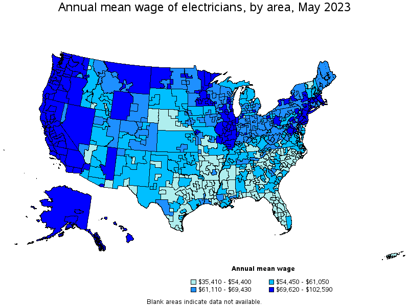 Map of annual mean wages of electricians by area, May 2023
