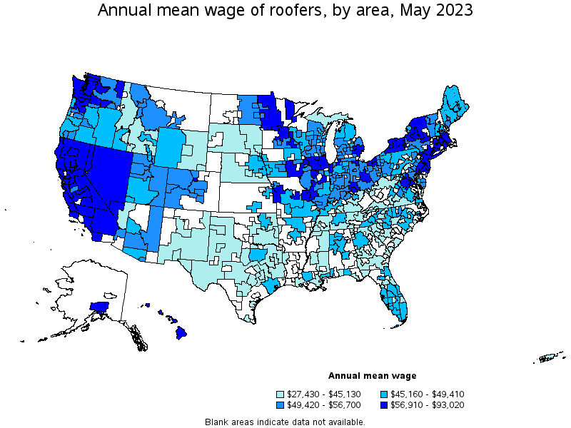 Map of annual mean wages of roofers by area, May 2023